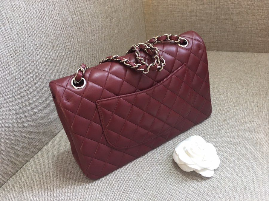 Medium Classic Flap Lambskin Bag AO1112 Dark Red/Silver